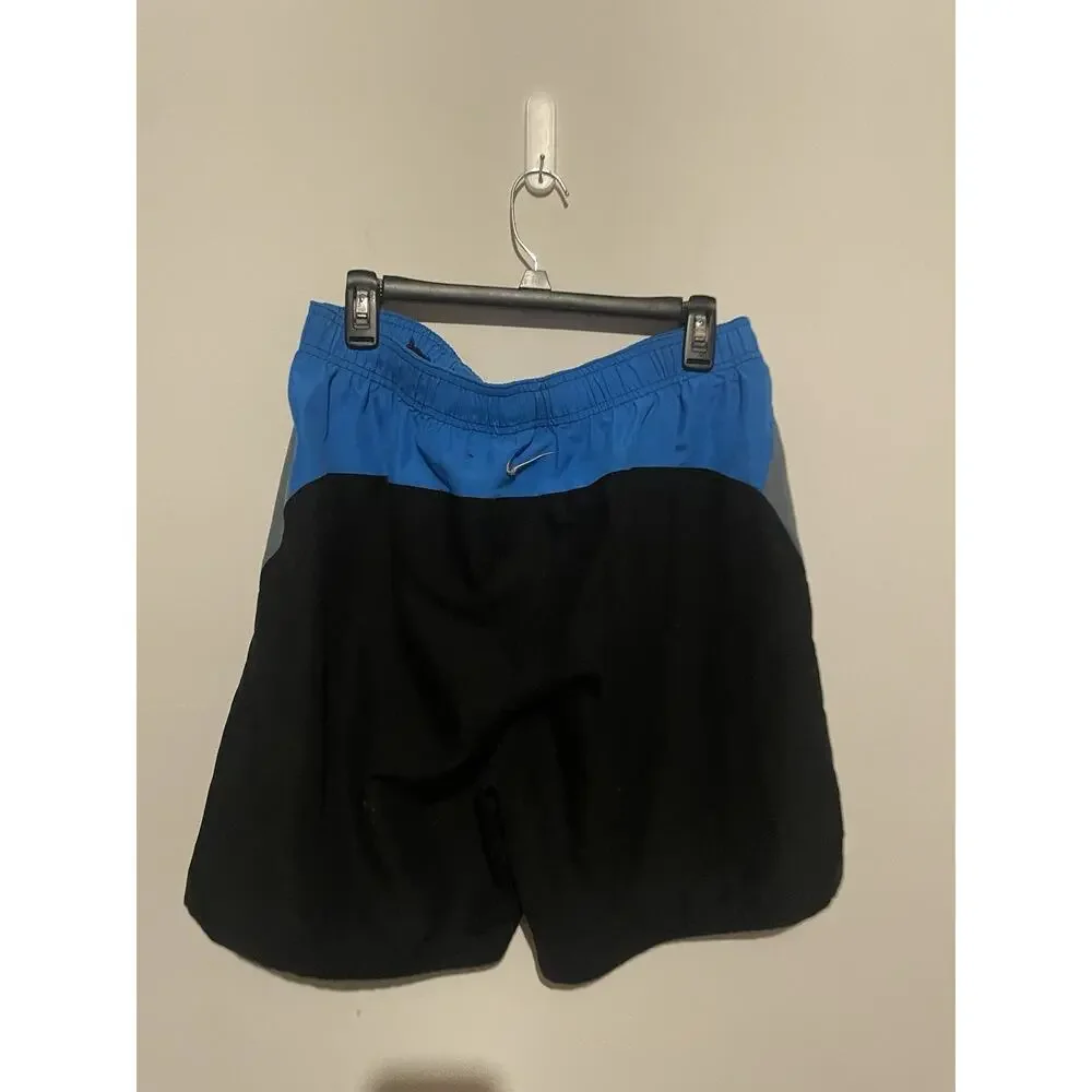 Nike Swim‎ Trunks Men's Sz Large Black Blue Board Shorts Swoosh Logo Unlined